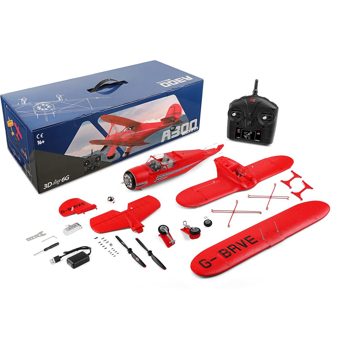 RCXTechPro XKA300 Beech D17S RC Airplane 2.4G 4CH Fixed Wing RC Aircraft with Brushless Motor, Gyro Stabilization, 550mm Wingsp 3D 6G Mode Switching and Quick Detachable - RTF