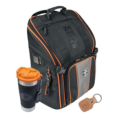 Kit de herramientas Klein Tools 80062 con mochila Tradesman Pro de 21 bolsillos, vaso aislante y llavero de piel, 3 piezas