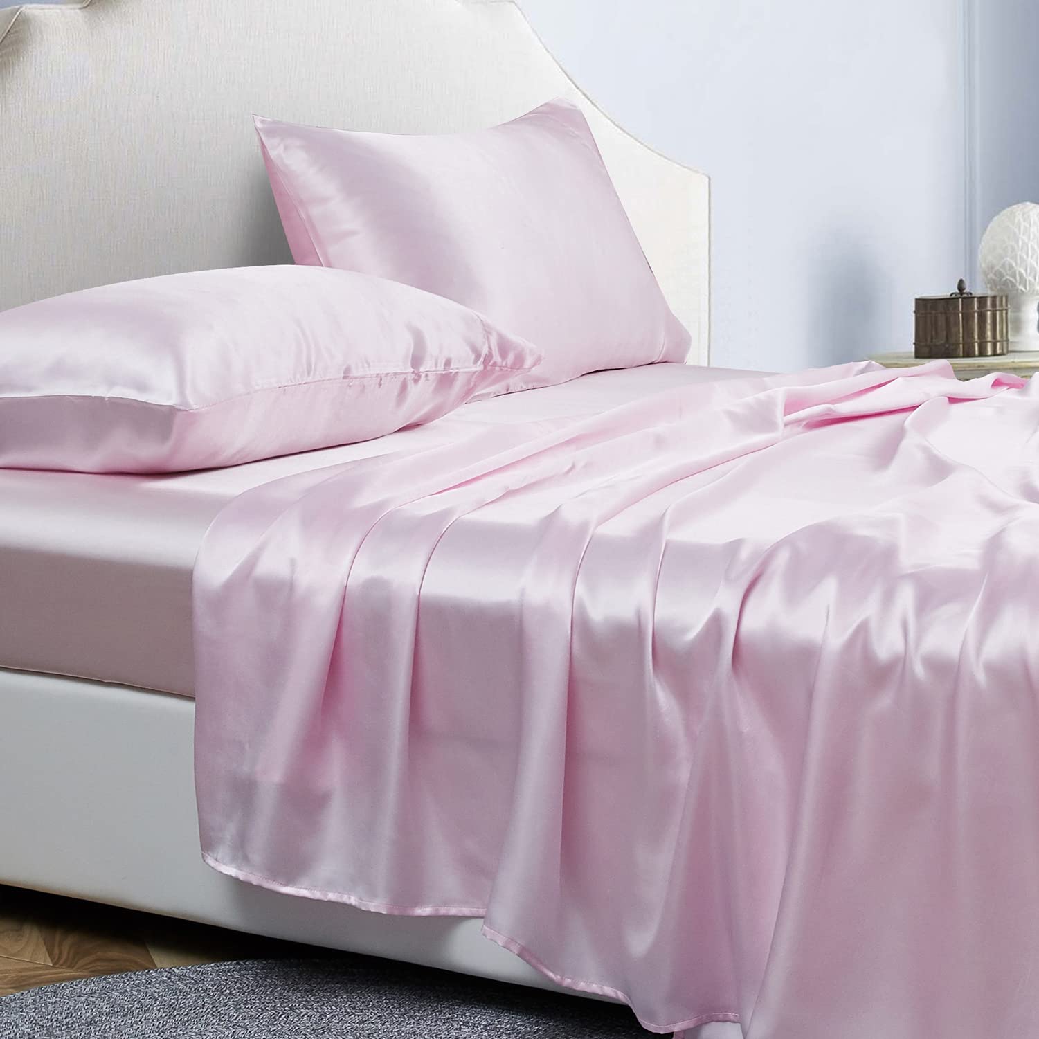 Set Lenzuola 4 Pezzi Raso Matrimoniale 200x200 Cm | Lenzuolo Con Angoli, Lenzuolo Sopra, 2 Federe, Grigio Chiaro, Satinato Morbido