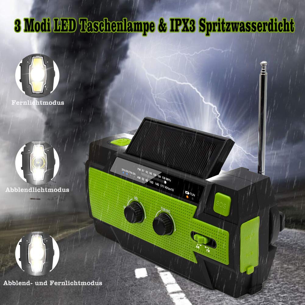 Nigecue - Radio Solar portátil con Dinamo y Radio Am/FM, batería Recargable incorporada de 4000 mAh, Linterna LED 4 Modos, lámpara Lectura Sensor Movimiento, Alarma Emergencia para Exteriores