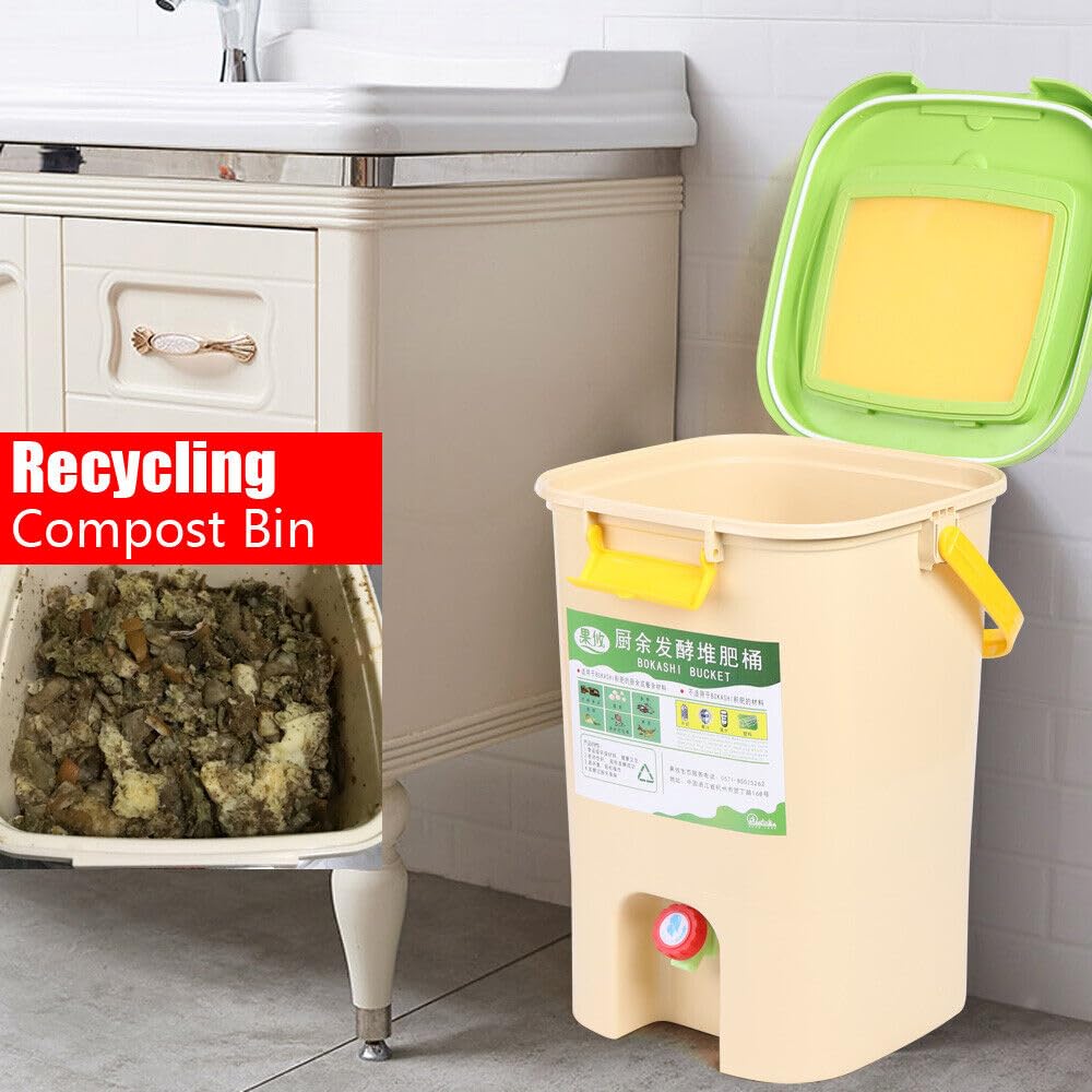 RABEEXP 21L Recycle Composter Aerated Compost Bin for Kitchen 5 Gallon Bokashi Bucket Kitchen Food Waste 28.5x28.5x42cm/11.22x11.22x16.53inch