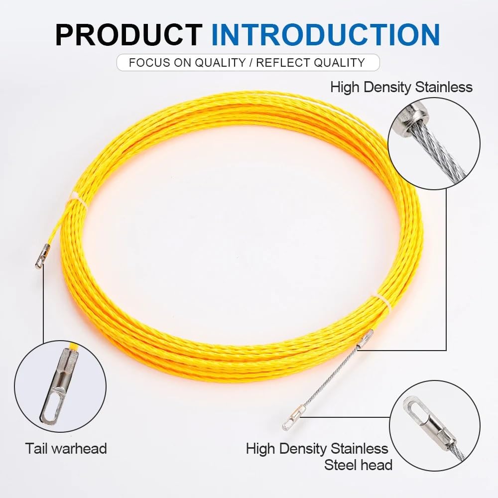 Extractor de Cables, Carrete de Cinta pasacables Fibra Vidrio, Color Amarillo, 3/4/5 mm, 10-50 m(50m,5mm)