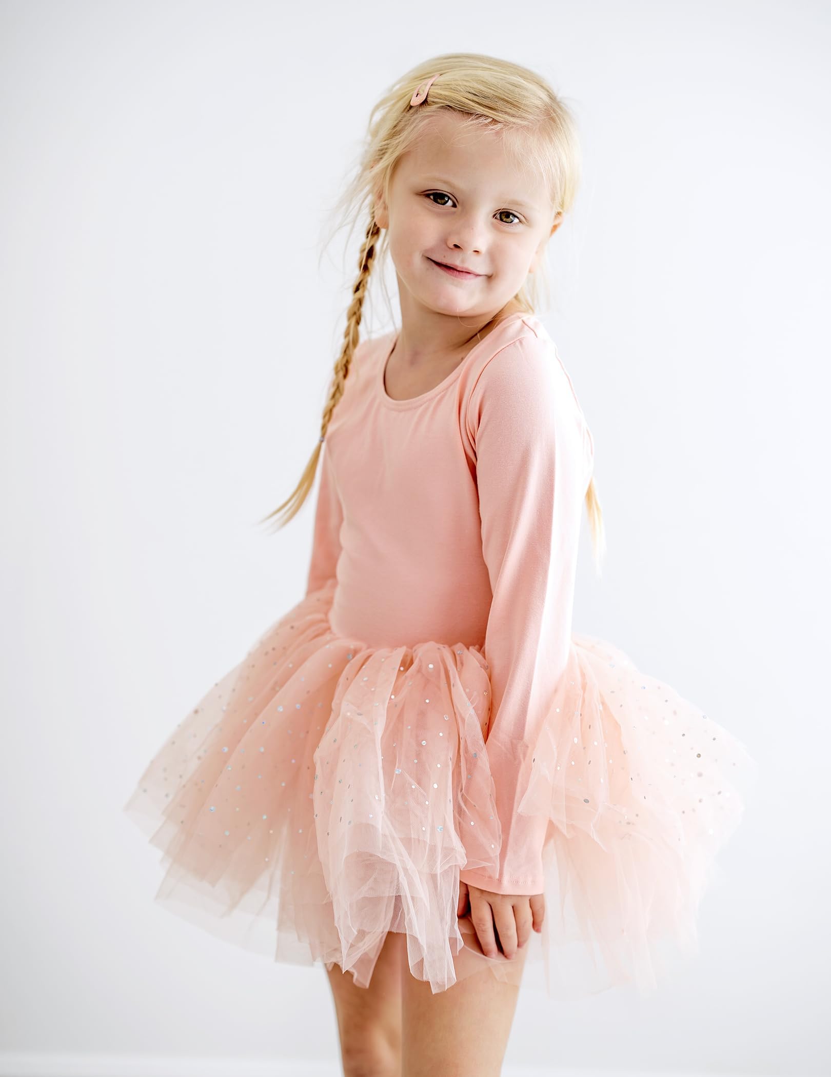 Arshiner Vestido de Tutú de Ballet para Niñas Malla de Manga Larga Traje de Baile de 4 Capas con Falda Brillante Traje de Ballet, Ropa de Baile para Edades de 2 a 11 años