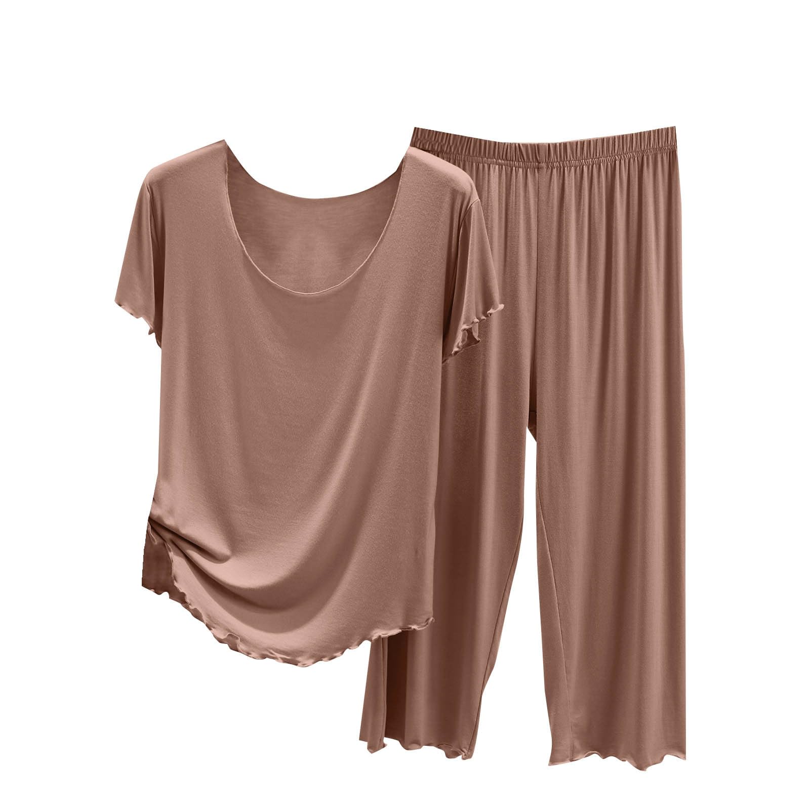 Womens Pajamas Short Sleeve Lounge Set Ruffle Tops and Shorts Sets Solid Soft Sleepwear Casual Loose Ladies Pjs