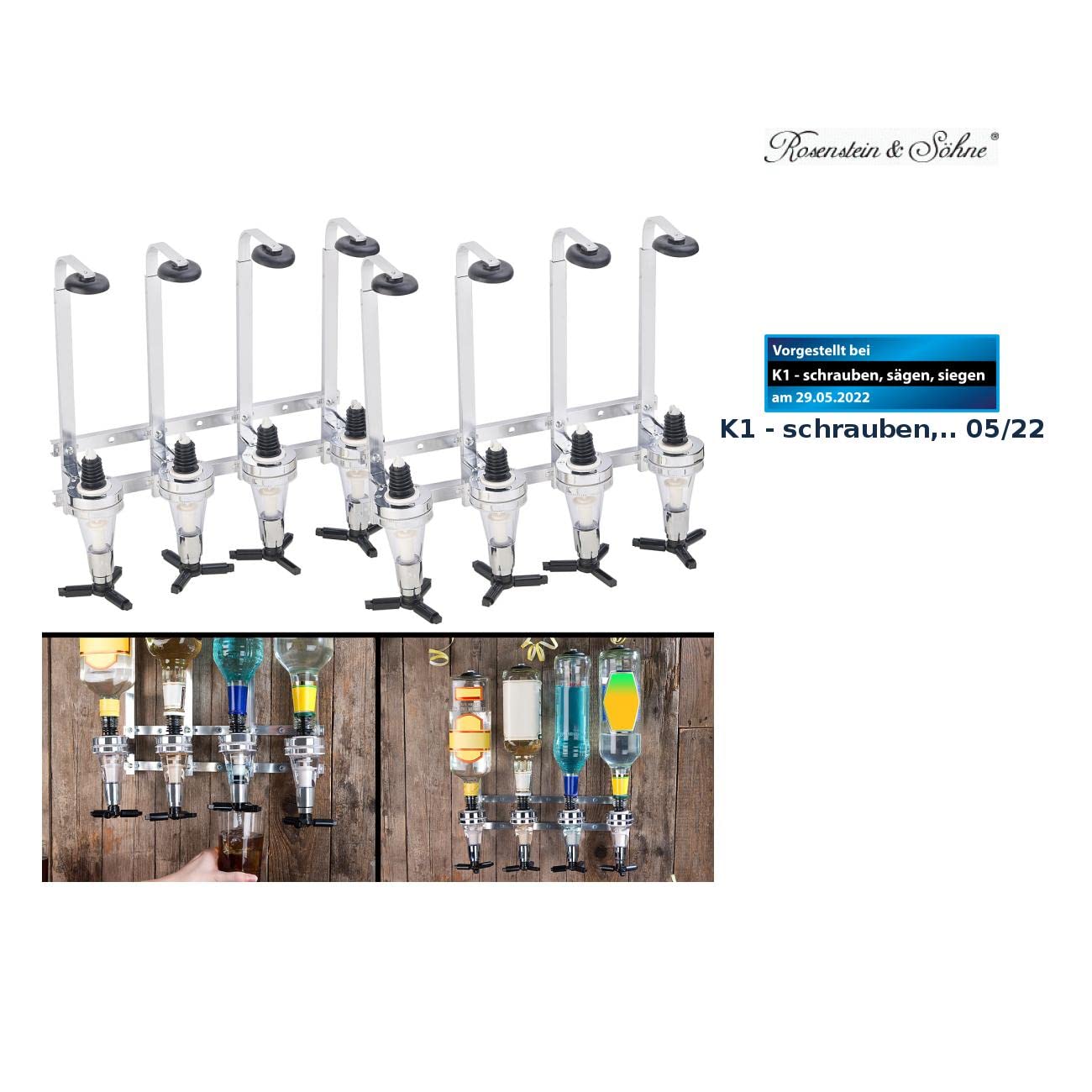 Rosenstein & Söhne Flaschenbutler: 2er-Set Aluminium-Flaschenhalter und Dosierer, je 4-fach, Wandmontage (Barflaschenhalter, Flaschenhalter mit Portionierer, Flaschenöffner)