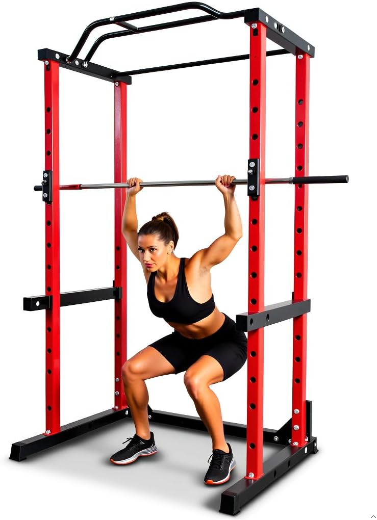 NEW 1500lb Power Cage, Squat Rack with Non-slip Base, 2 Barbell Rack and 2 Protection Rack, and 14-Hole Pull-Up Bar, for Home Gym Strength Training, Red
