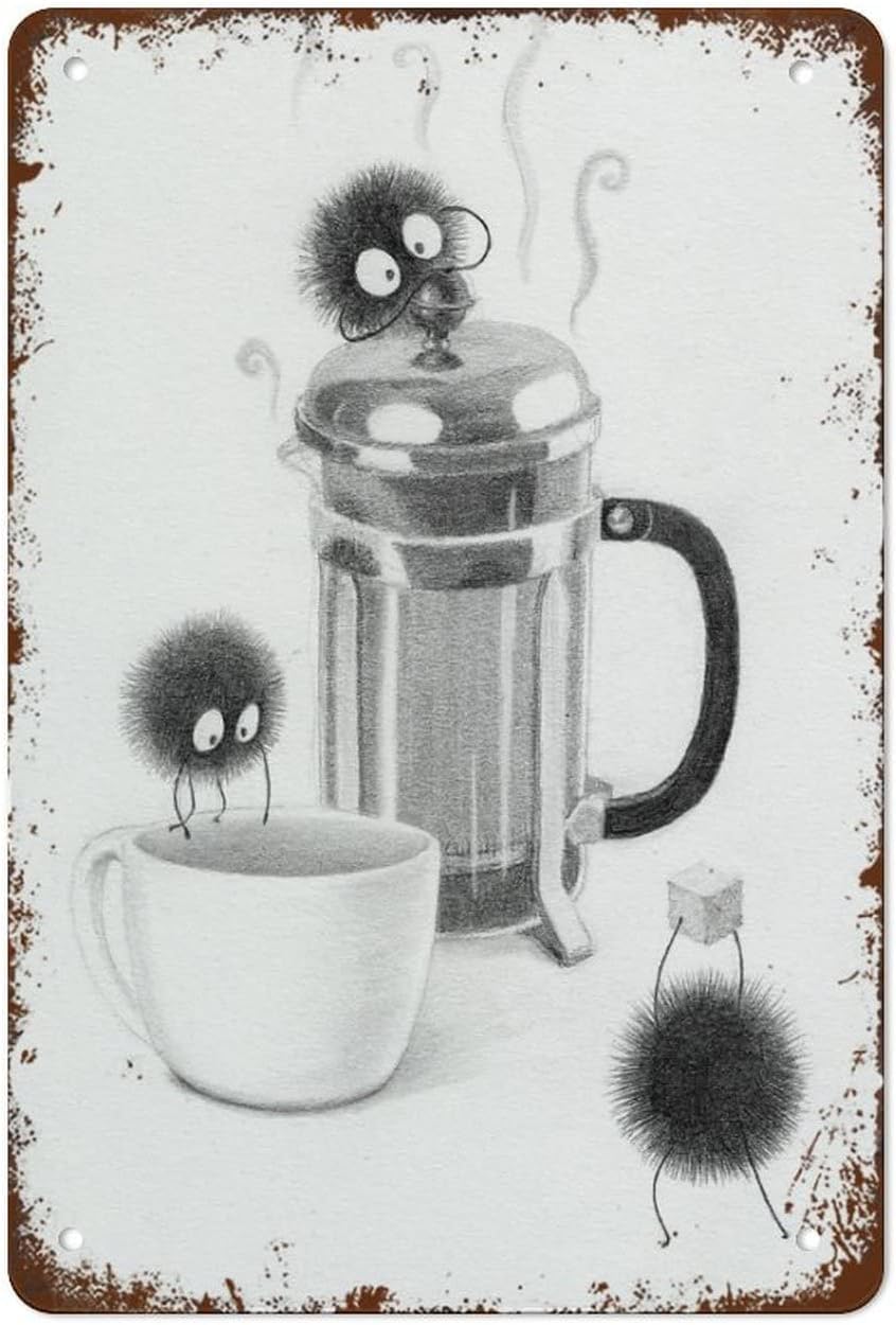 Bigccaee Coffee Tea Sprites Breakfast Nook Soot Sprite French Press Retro Metal Tin Sign 8X12 Inches