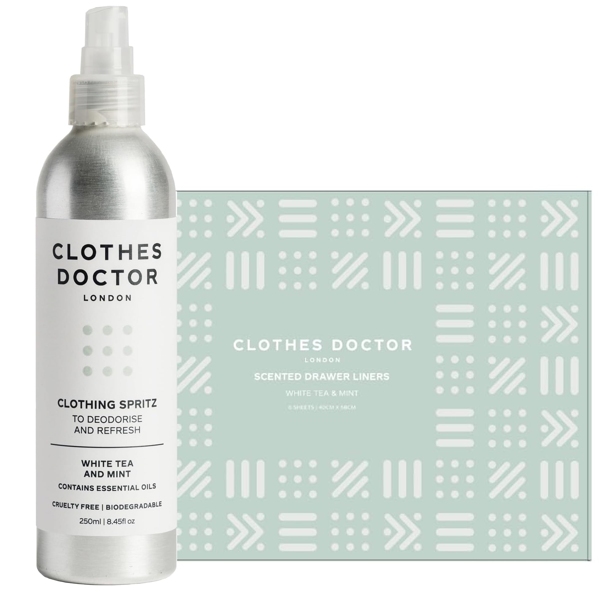 Clothing White Tea & Mint Luxury Wardrobe Bundle – Scented Drawer Liners & Clothing Spritz, Natural Moth Repellent, Odor Removal & Lasting Freshness, Vegan & Made in Britain