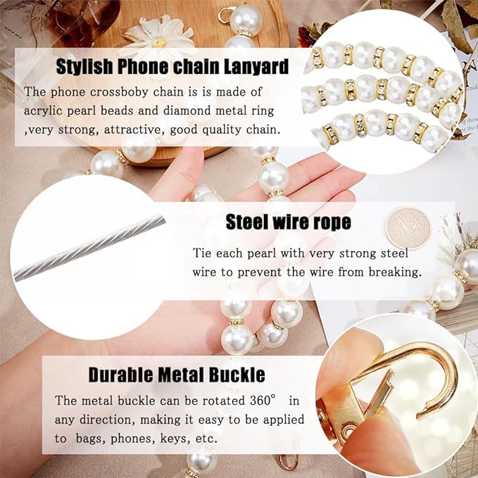 Image of KHOLAD White Bow Phone Chain Crossbody Pearl Strap | 2in1 Wrist & Shouler Crossbody Lanyard | Pearl Beads Charms Chain with Phone Tether Patches | Compatible with Most Phones, Bag, Purse