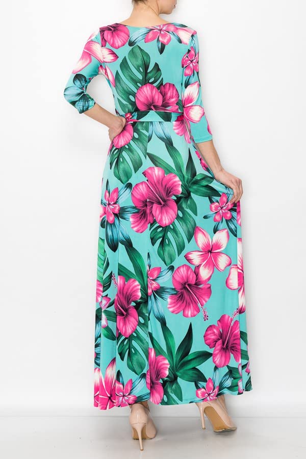 Image of Women's 3 /4 Sleeve V-Neck Printed Maxi Faux Wrap Dress Navy Fuchsia L