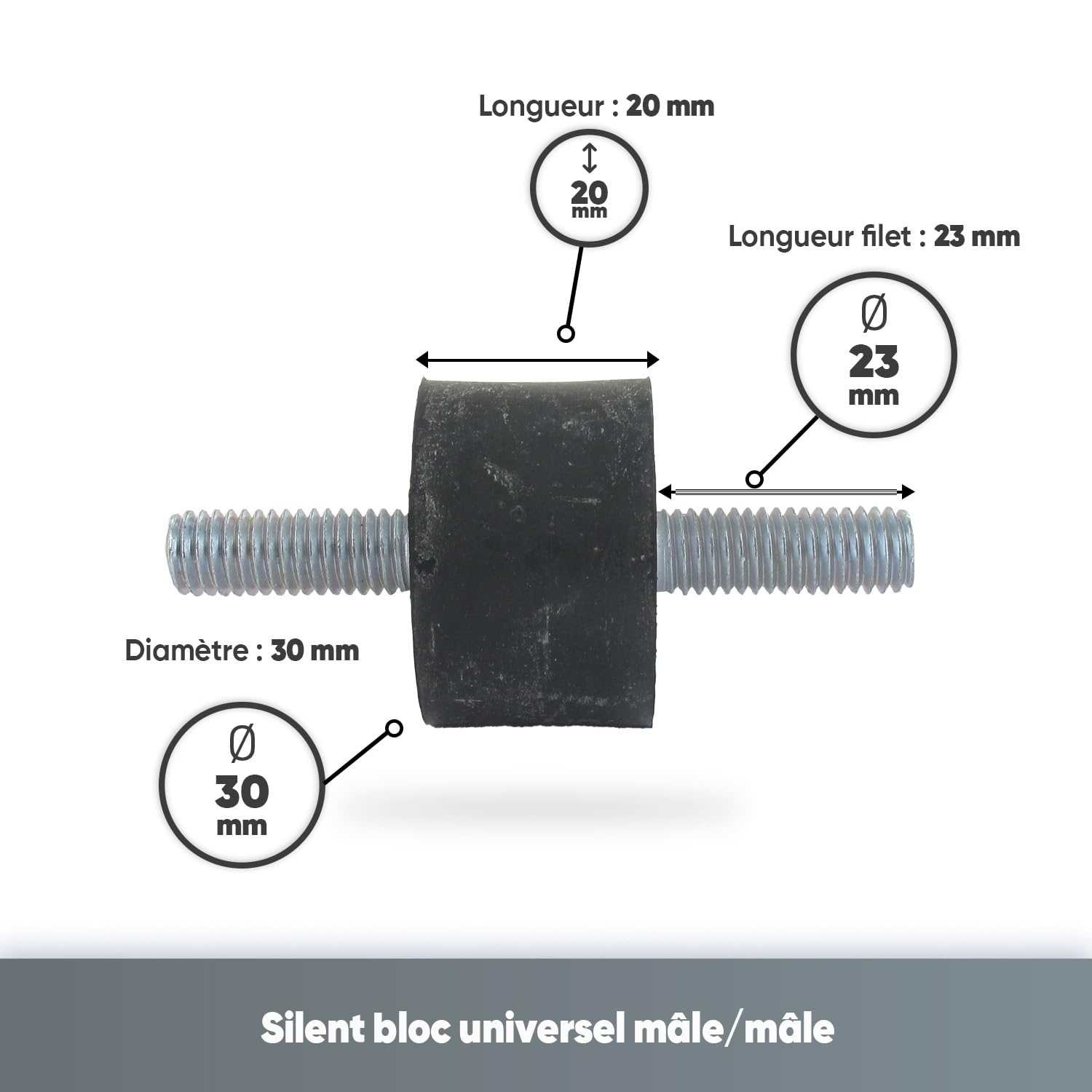GREENSTAR - Silent Bloc Mâle/Mâle - Ø 30mm - Longueur 20mm - Filet M8 - Longueur Filet 23mm - Amortissement des Vibrations (Lot de 4)