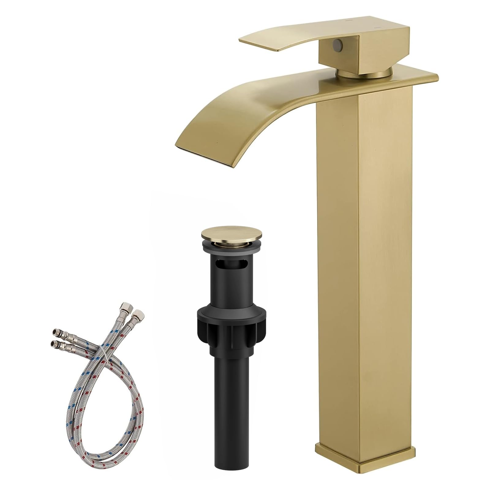 Sxithgkdw Brushed Gold Vessel Sink Faucet Faucet For Bathroom Sink Tall Waterfall Bathroom Faucet Single Handle One Hole Vanity Sink Faucet With Pop-Up Drain