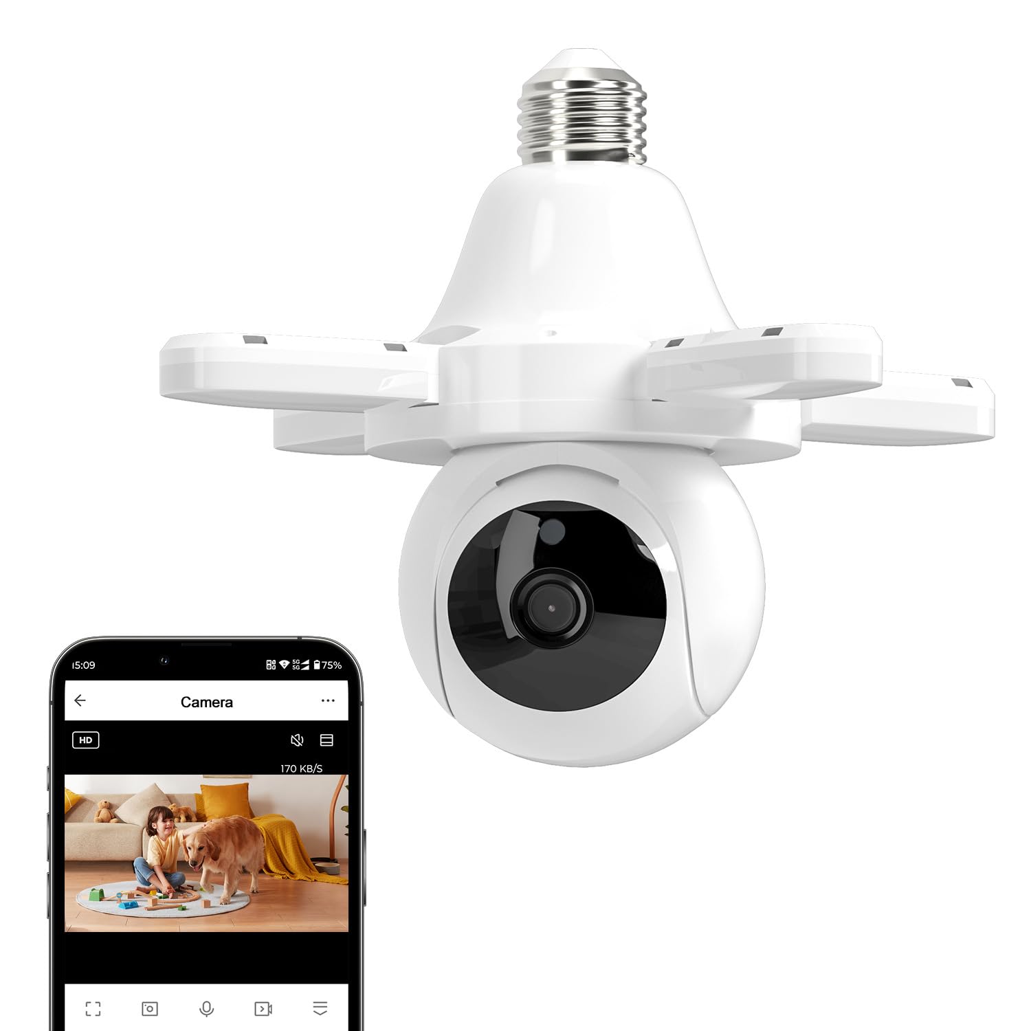 Caméra Ampoule WiFi 1080P Caméra de Surveillance Intérieure Discrète, Vision Nocturne IR & Couleur, Détection de Mouvement, Audio Bidirectionnel, PTZ 355°, Stockage Carte SD, Compatible Tuya Smart