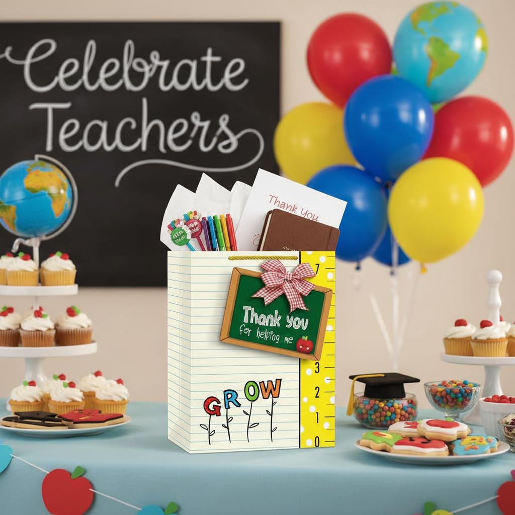 D4DREAM Teacher Gift Bag - 11.5'' Sturdy End of Year Teacher Appreciation Gift Bag with Handles and Tissue Paper for Graduation Teachers Retirement Teacher Party Supplies