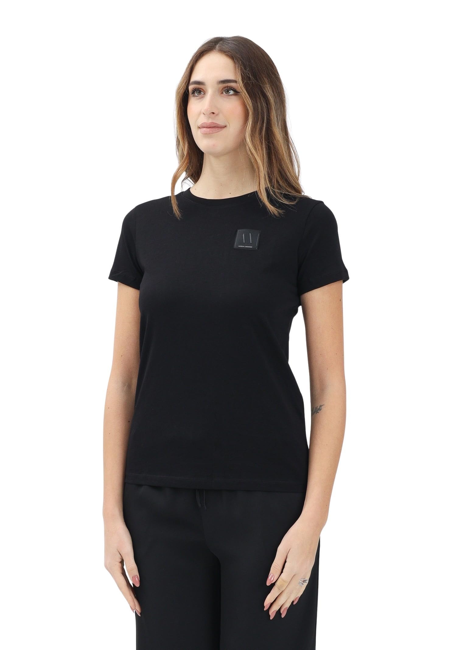 Armani Exchange Camiseta de Cuello Redondo para Mujer, Ajuste Regular con Logotipo, Negro -, XXL