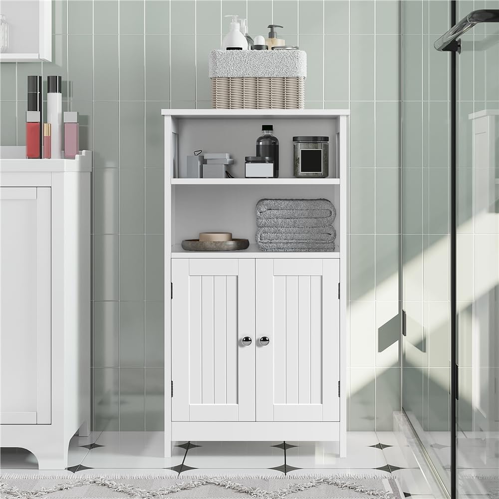 Yaheetech Mobile da Bagno Armadietto da Terra Autoportante Bianco Mobiletto da Pavimento con 2 Ante Ripiano Regolabile Armadio D'archivio Multiuso da Soggiorno Cucina 92,5 x 50 x 30 cm