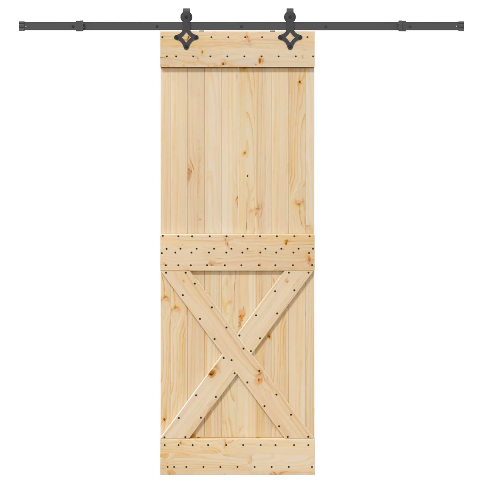 Puerta corredera NARVIK de madera de pino maciza natural y negra, 80 x 210 cm, con riel de acero pulverizado de 213,5 cm, ahorra espacio para interiores