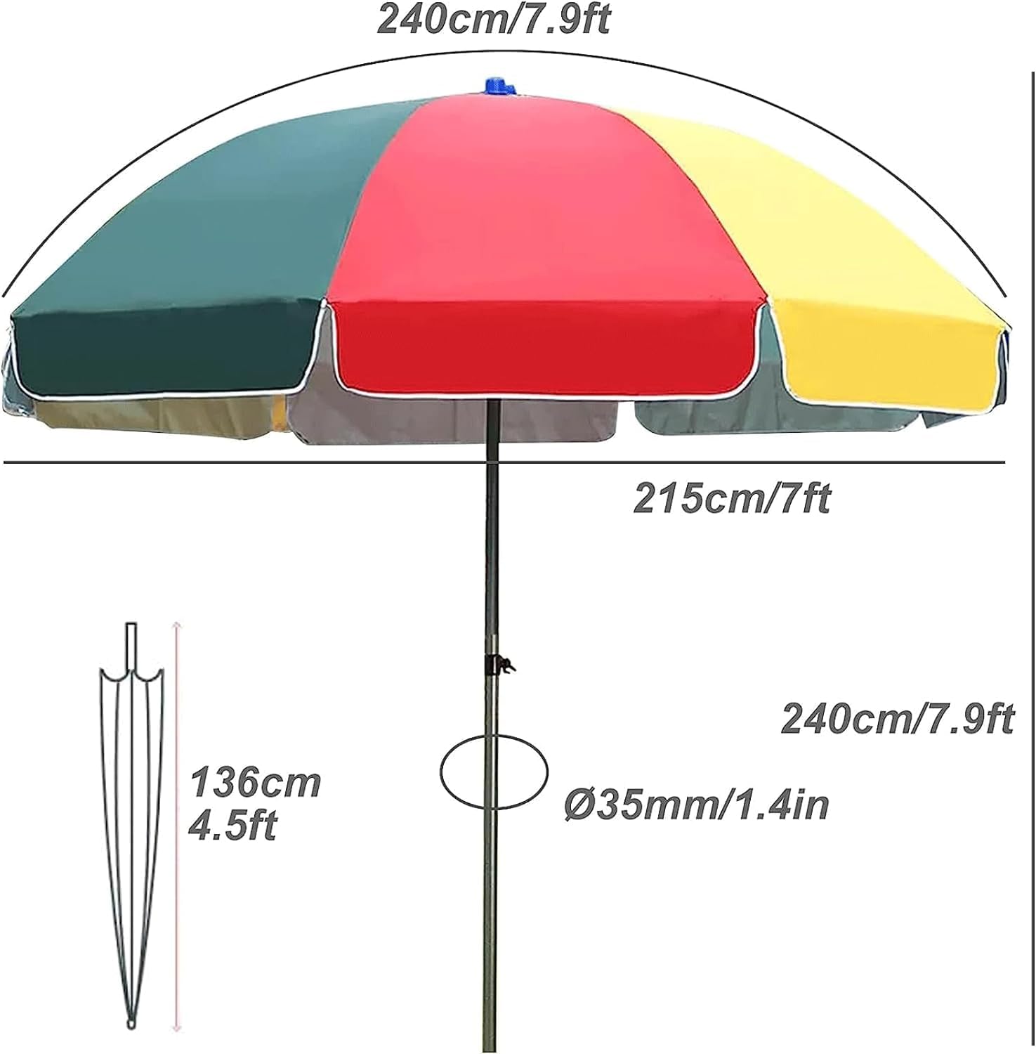 XYNSNDB Parasol Parasol ogrodowy Parasol targowy 7,8 FT Parasol plażowy Okrągły parasol tarasowy z drążkiem ze stali węglowej i 8 żebrami Parasol zewnętrzny na balkon, trawnik, basen Parasol