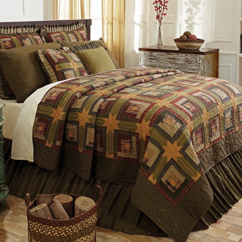 VHC Brands Tea Cabin Twin Quilt 70Wx90L Log Cabin Country Rustic Lodge Design Moss Green and Deep Red