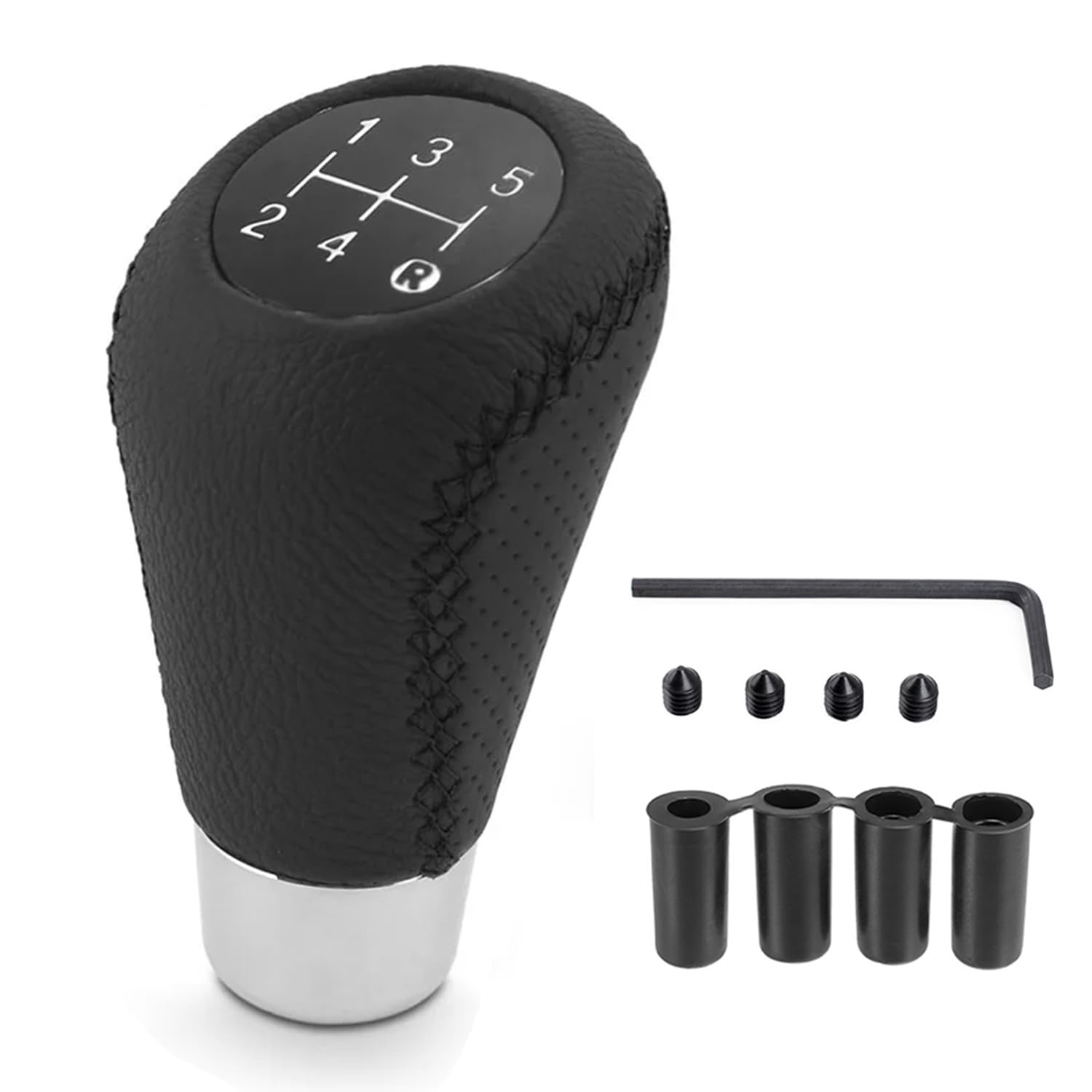 Car Gear Shift Knob, Universal 5 Speed Gear Knob, Manual Gear Stick Knob, Leather Gear Stick Shift Cover with 4 Adapters 8mm 10mm 11mm 12mm for Manual Automotive Vehicles - Black Stitching