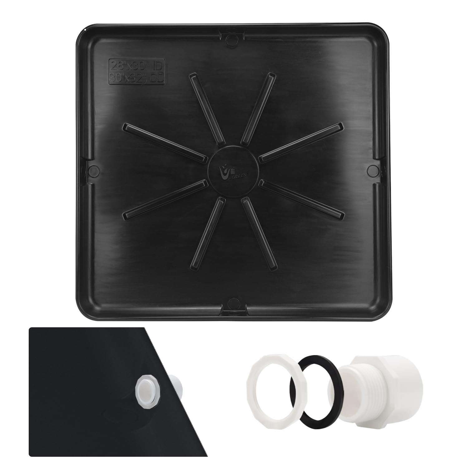 heavy durable plastic washing machine drain pan size 30x32 including 1" drain fittings (black)