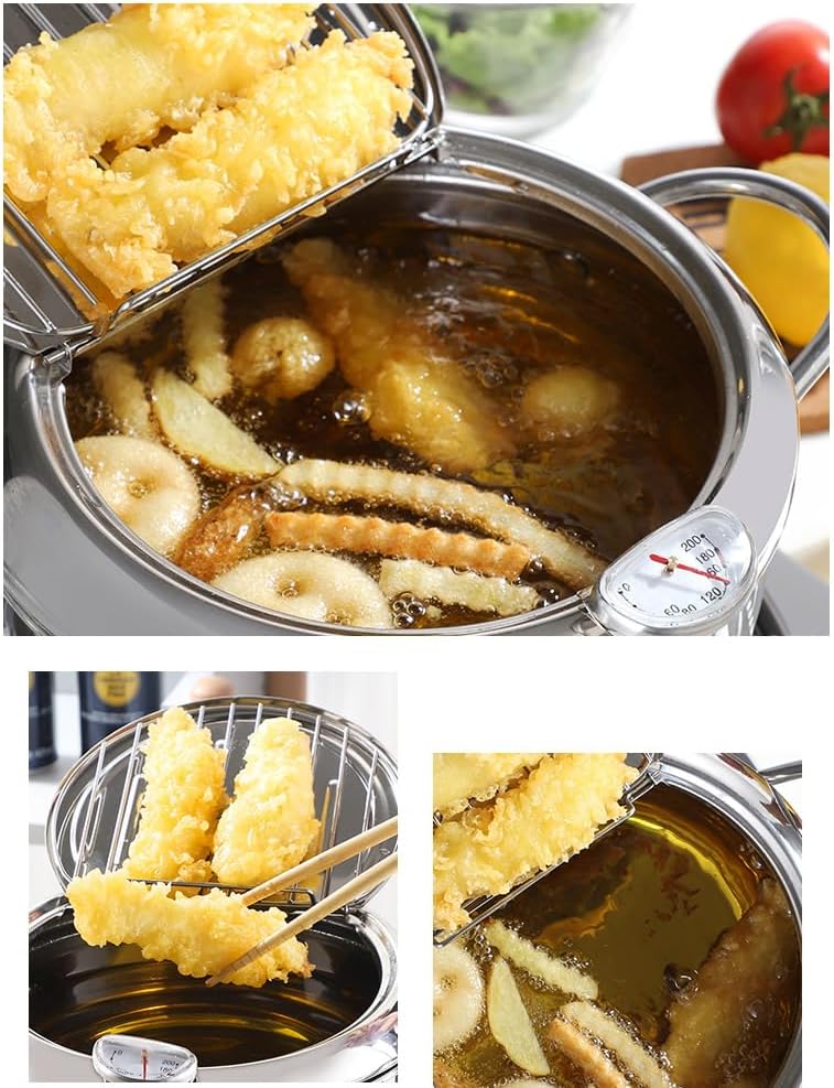 Miniatura 3 de Olla para freidora, estilo japonés, Tempura, sartén con termómetro, tapa, escurridor de aceite para papas fritas, pescado, camarones, alas de pollo,