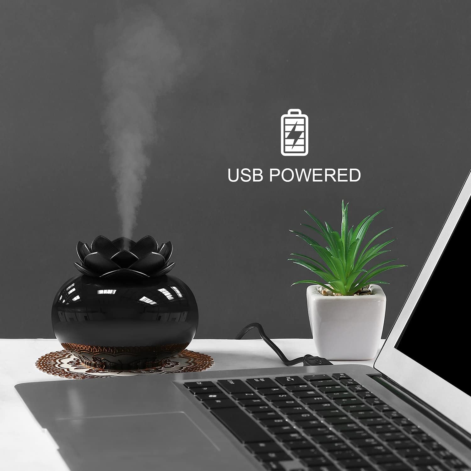 Essential Oil Diffuser, FiveSda Ceramic Humidifiers for Bedroom Home, Cute Lotus USB Aromatherapy Diffuser Auto Shut-Off(Black, None Lights)