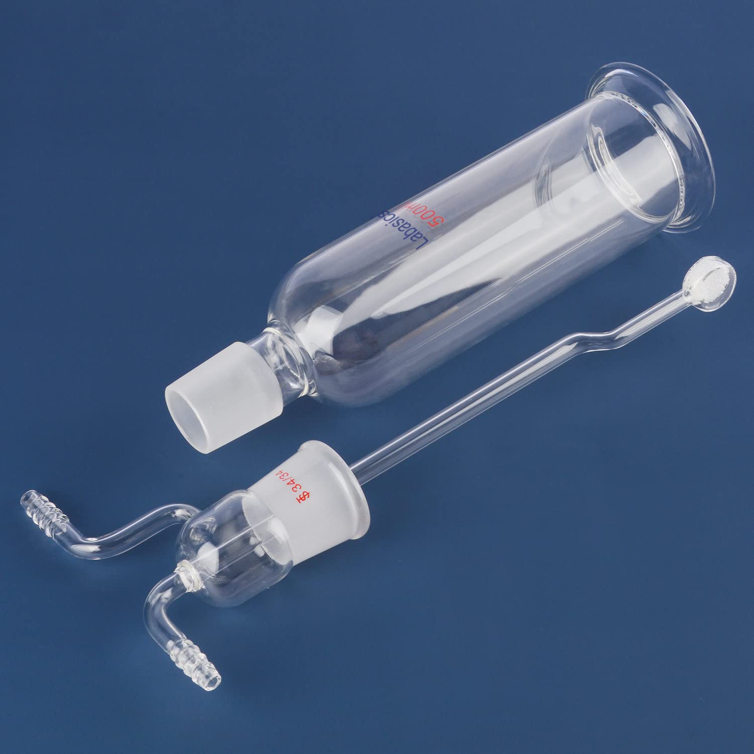 Labasics Bottiglia di Lavaggio del Gas, Vetro Borosilicato 34/34 Tappo Gas Gorgogliatore di Gas Bottiglia di Lavaggio con Disco Fritto e 8 mm di Ingresso OD/Tubi di Uscita, 500 ml