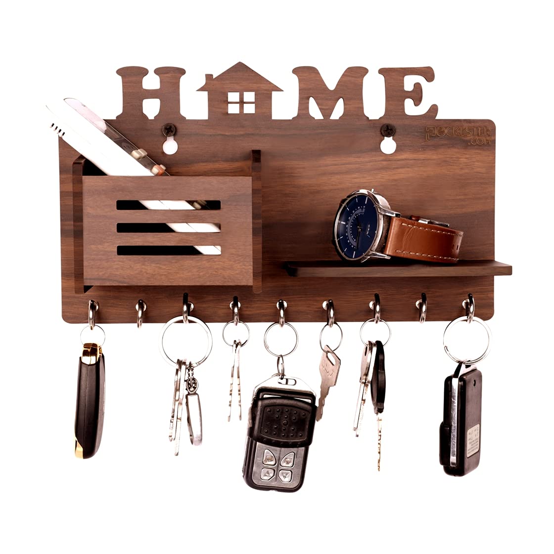 POCKESTER Hut_Box Wood Key Holder (9 Hooks, Brown)