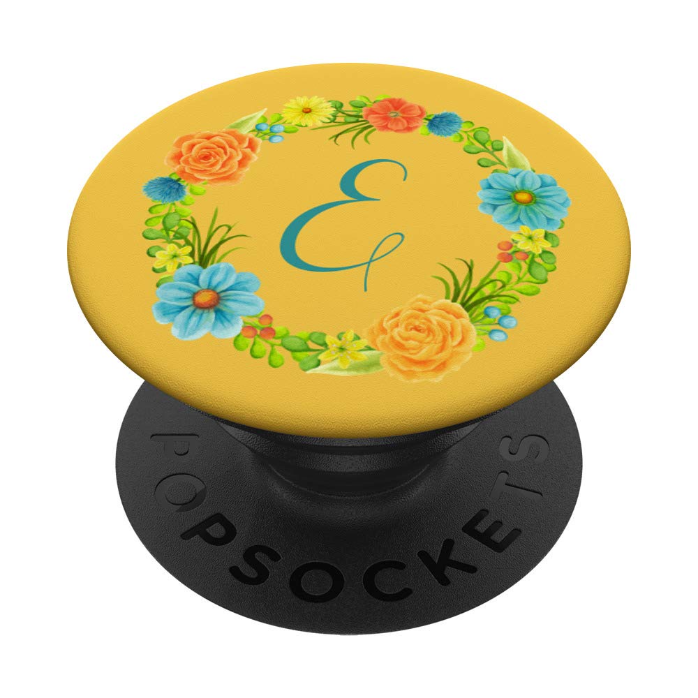 Floral Monogram E Customized Initial E Blue Yellow Flowers PopSockets Grip and Stand for Phones and Tablets