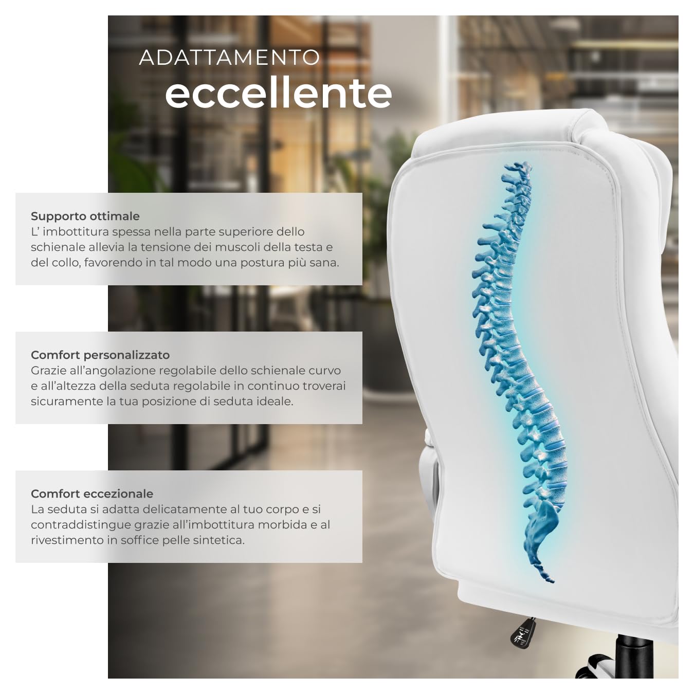 tectake® Poltrona da Ufficio Ergonomica, Sedia Ufficio con Imbottitura Extra Spessa, Poltrona con Poggia-testa Rinforzato, Regolazione Altezza con Molla a Gas, Inclinazione Personalizzabile - bianco