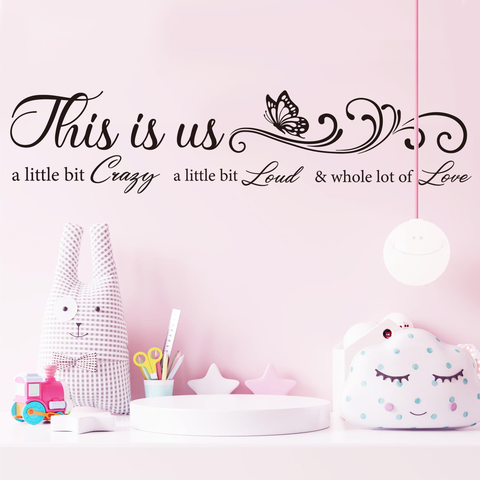 PLIGREAT Family Art Inspirational Quotes Wall Stickers This is us a Little Bit Crazy Saying Decals Removable Vinly Butterfly Stickers for Bedroom Living Room Kitchen Bathroom DIY Decor