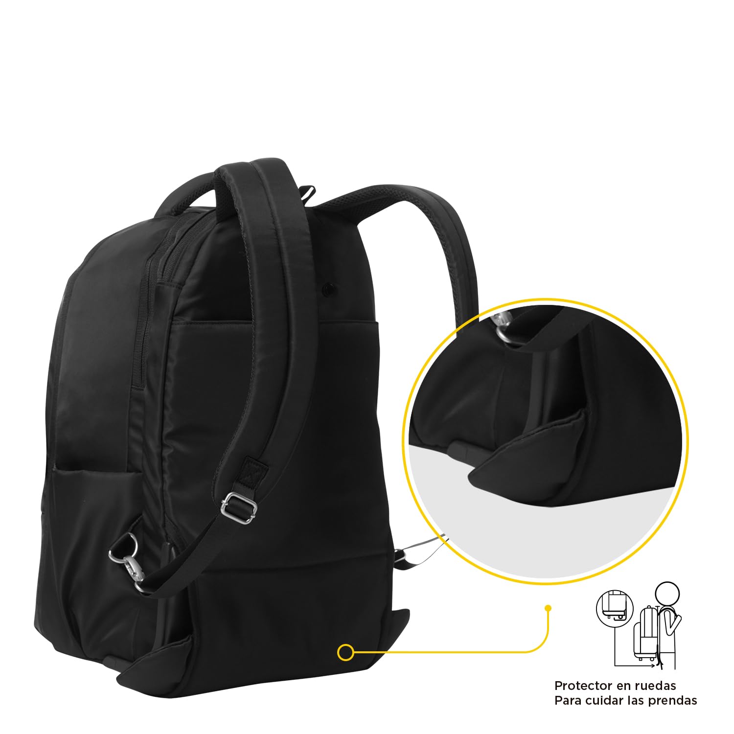 TOTTO - Mochila de Viaje con Ruedas, Modelo Trolley, Capacidad 22 L, Compartimento Pc 15”, Bolsillo para Botella, Bolsillo Interno Cremallera, Manija Telescópica, Pasador para Maleta, Color Negro