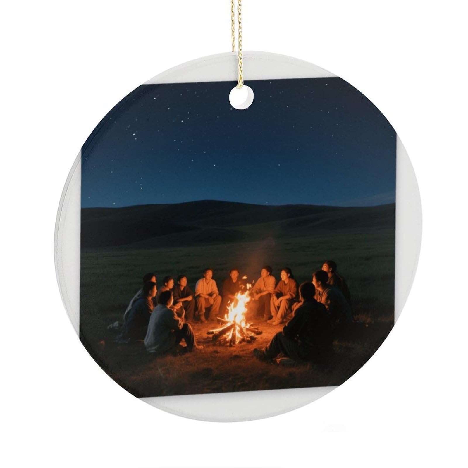 Fekiloot Style Grassland Starry Sky Bonfire Christmas Ornaments 2.9 Inch Round Ceramic Ornament Keepsake Thank You Gifts For Office, Room, Home - Holiday Present Ideas