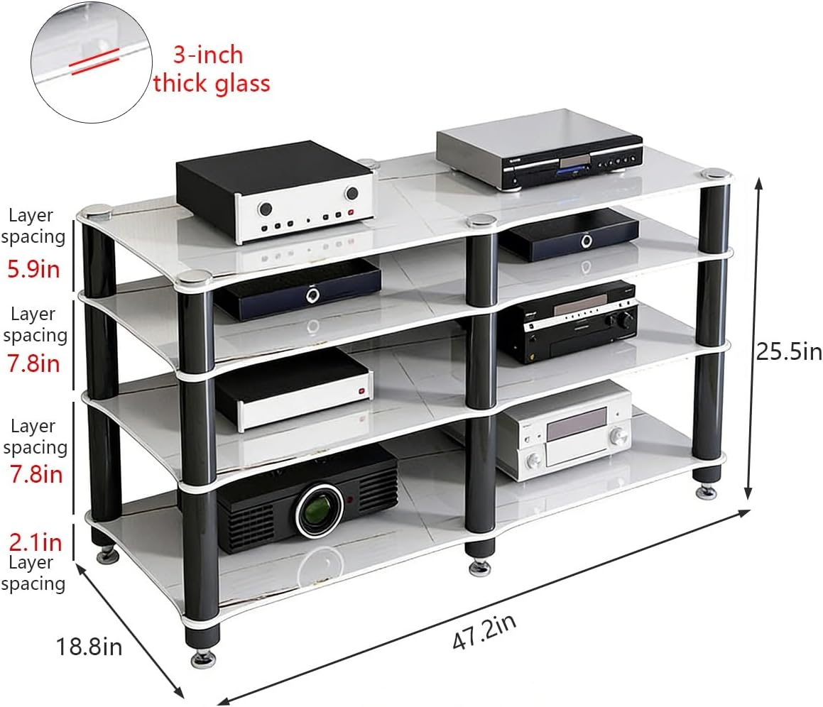 4-Tier AV Media Stand with Tempered Glass Shelves & Sturdy Metal Legs, Entertainment Tower for Living Room, Gaming Consoles, Home Theater Furniture (Black)