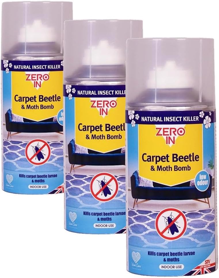 Zero In Carpet Beetle & Moth Killer Bomb - 150 ml One-Shot Aerosol Rapid-Action Knockdown Insecticidal Bomb for Carpet Beetles and Moths. Prevents Allergies. (Pack of 3)