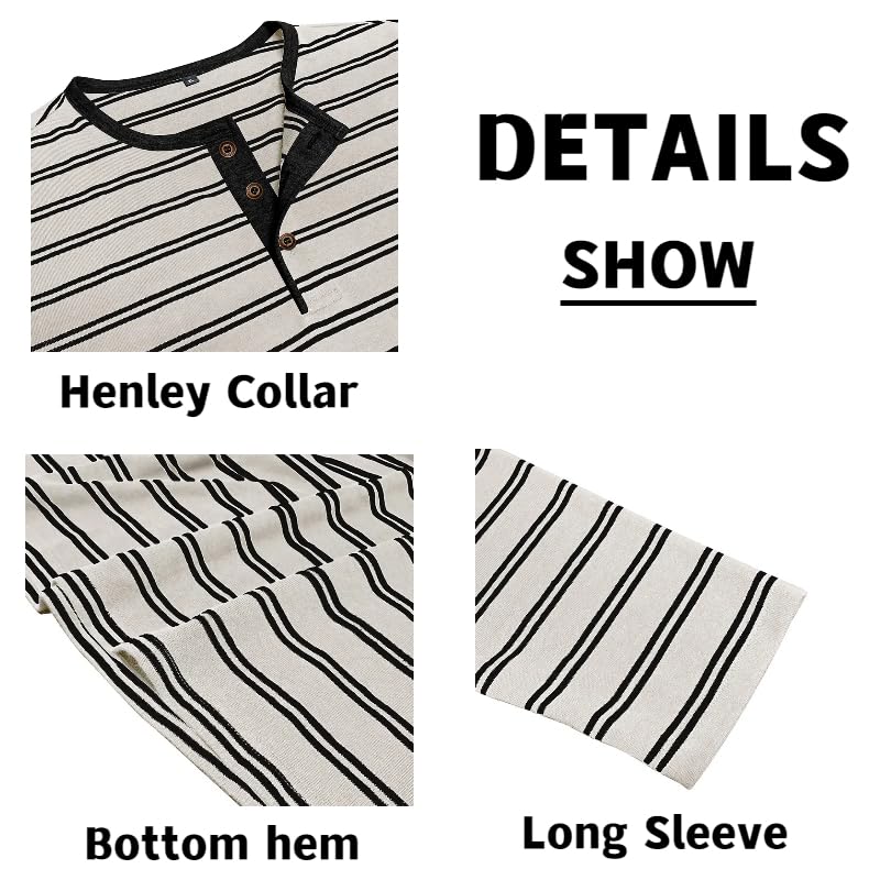 Mens Henley Shirts Casual Striped Long Sleeve Cotton T-Shirt Basic Button Lightweight Crewneck Pullover Tees Tops4