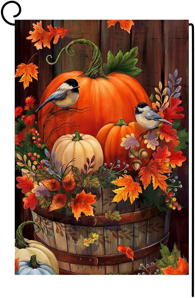 Azonee Fall Thanksgiving Pumpkin Small Garden Flag Vertical Double Sided Autumn Watercolor Bird BurlapYard Flags Fall Bird for Home Yard Outdoor Halloween Decor 30 * 45cm