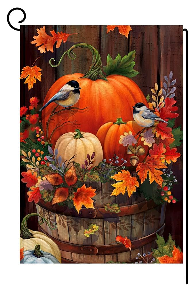 Azonee Fall Thanksgiving Pumpkin Small Garden Flag Vertical Double Sided Autumn Watercolor Bird BurlapYard Flags Fall Bird for Home Yard Outdoor Halloween Decor 30 * 45cm