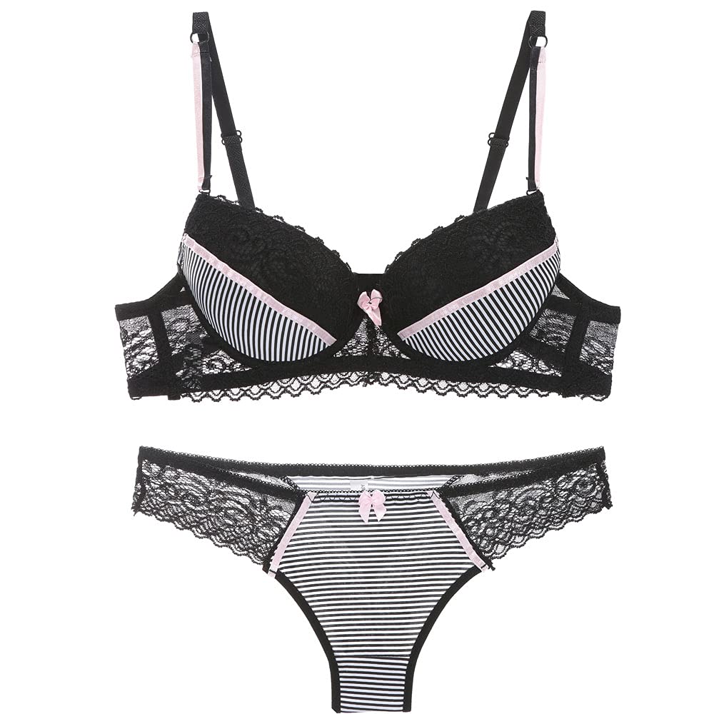 GANGCHENG Women Lace Push Bra Lingerie Set Panties Briefs Ladies Underwear Padded 38C Black