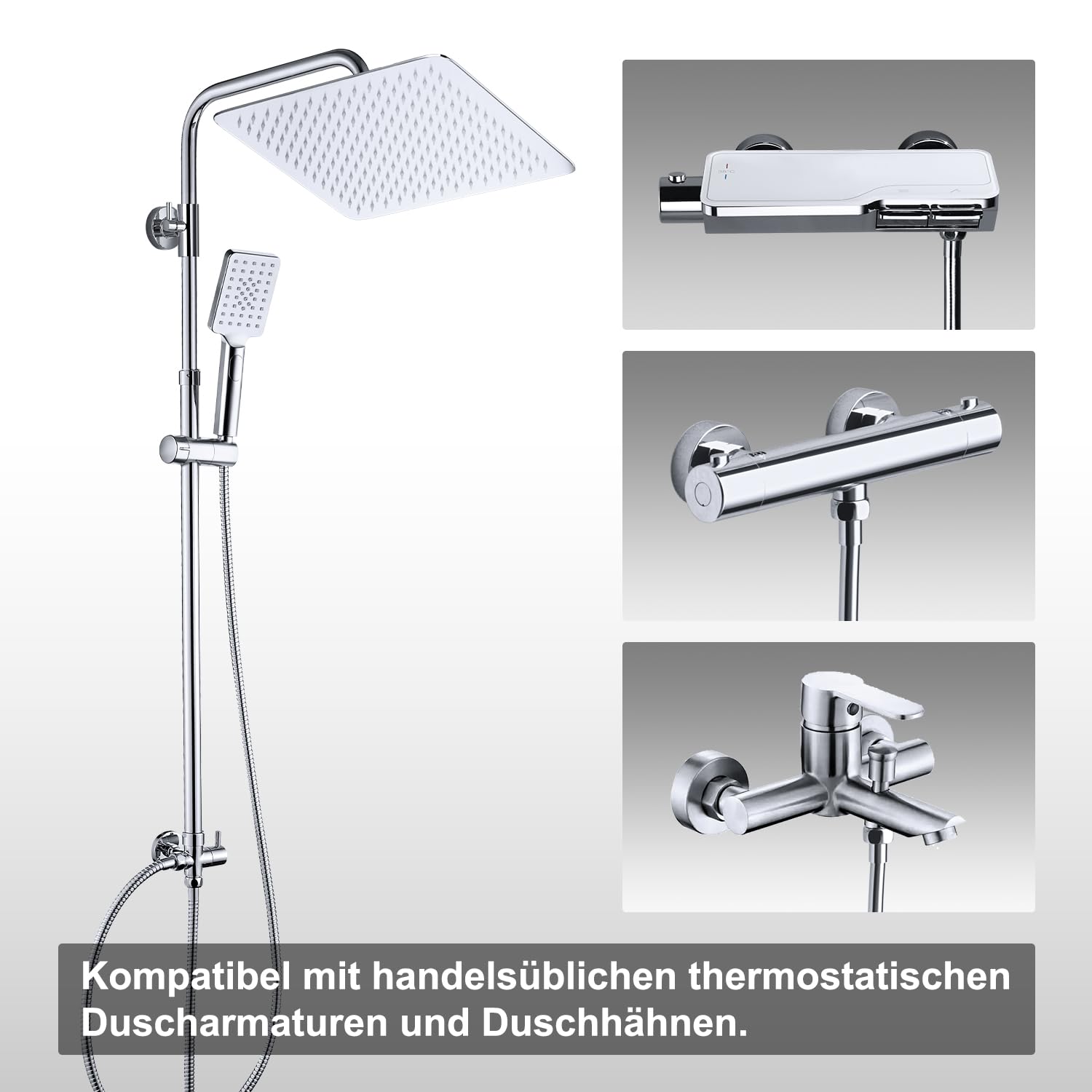 Görbach Colonna Doccia senza Miscelatore, Colonna Doccia Acciaio Inox con Saliscendi Doccia Altezza Regolabile 74-114cm, Set Doccia a Pioggia con Doccetta e Mensola, Soffione 30x30cm, Cromo