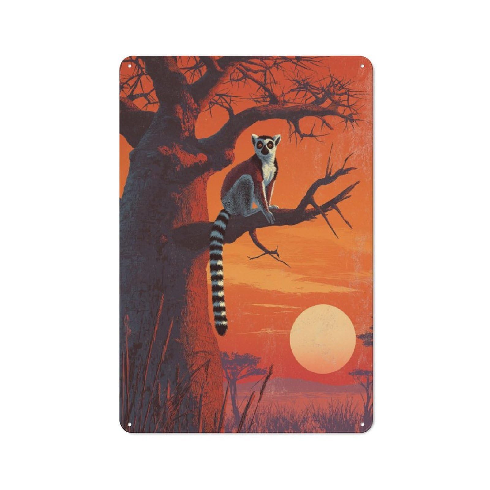 Junmoney Ring-Tailed Lemur Sunset Vintage Tin Sign 30X20cm Featuring For Workshop Wall, Gift For Metal Sign Collectors During The Christmas Season