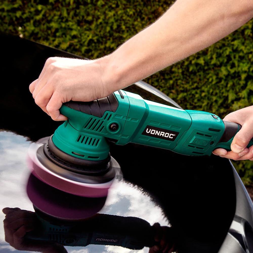 VONROC Lucidatrice Auto 1050W, Orbitale Doppia Azione 21mm, Velocità Variabile 1400–4800 RPM, Disco 150mm con Velcro, Soft Start, Cavo 4m – Per Lucidatura Auto, Barca e Rimozione Graffi - Con 4 dischi