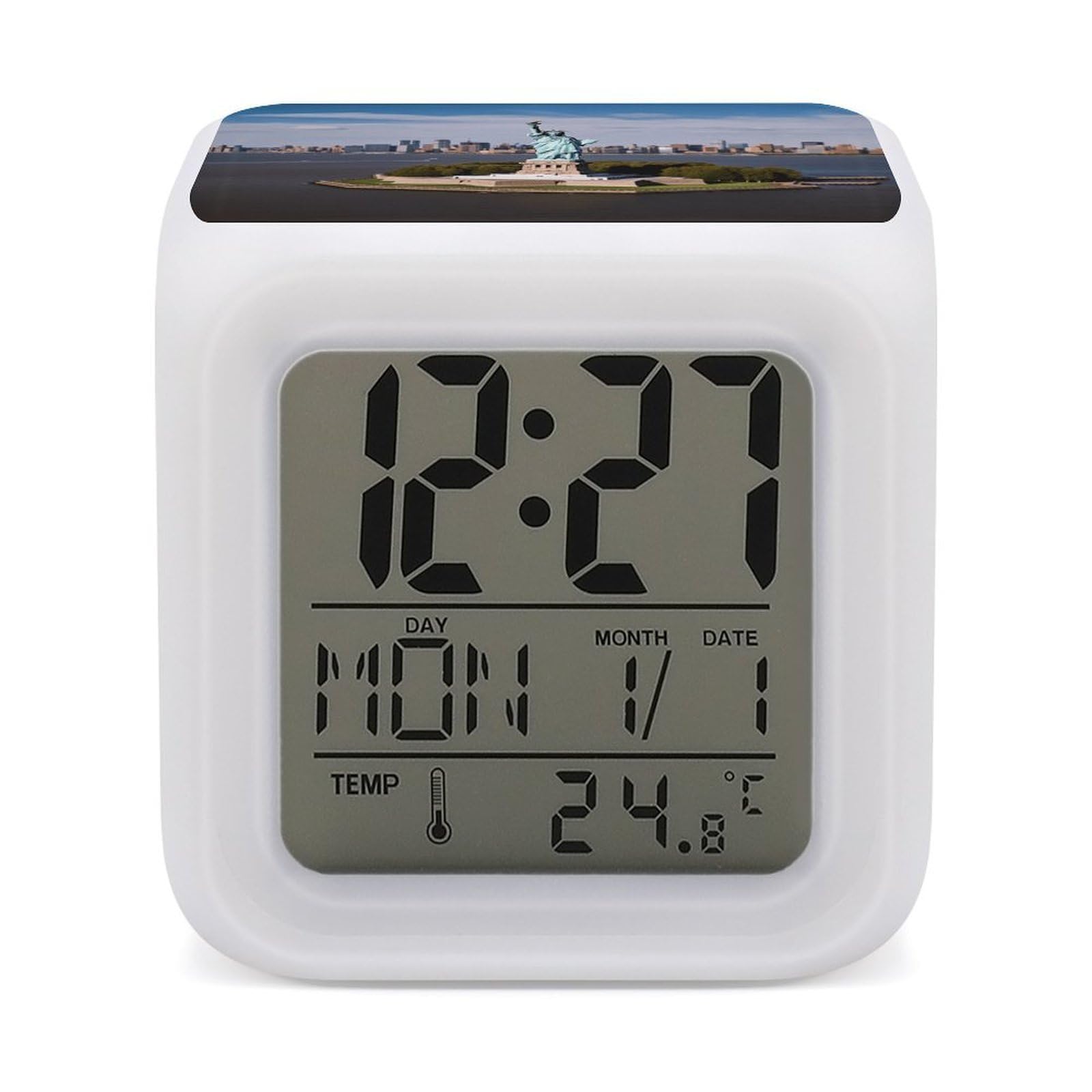 Reloj despertador digital Estatua de la Libertad LED de 7 colores con termómetro para hogar