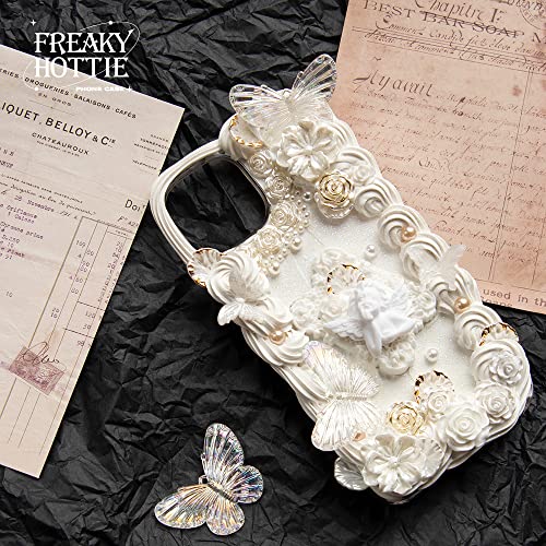 Freaky Hottie《Escape From Eden》Vintage Baroque Phone Case White Angel & Cream Glue Handmade Girl Ladies Glitter Cute Shockproof Cover (Iphone 13 Pro) #TOP3