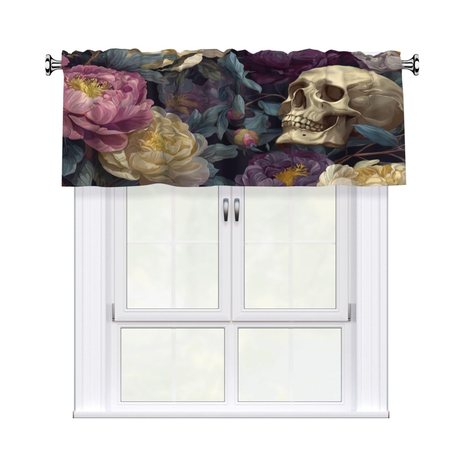 Woshuwo Skulls And Peonies Gothic Valances For Windows Rod Pocket Window Treatment Short Curtains For Kitchen Living Room Bedroom Decor 54x18in