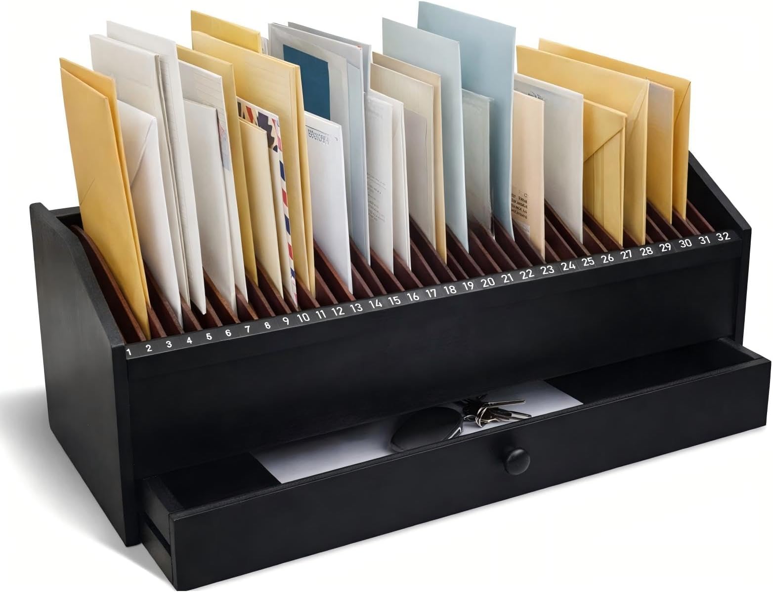 Wood Desktop Organizer with Drawer, 17 Inch 32 Section Bill & Mail & File Organizer Storage for Office Desk, Desktop Mail Holder and Office Supplies Storage, Letter and Paper Sorter(Black)