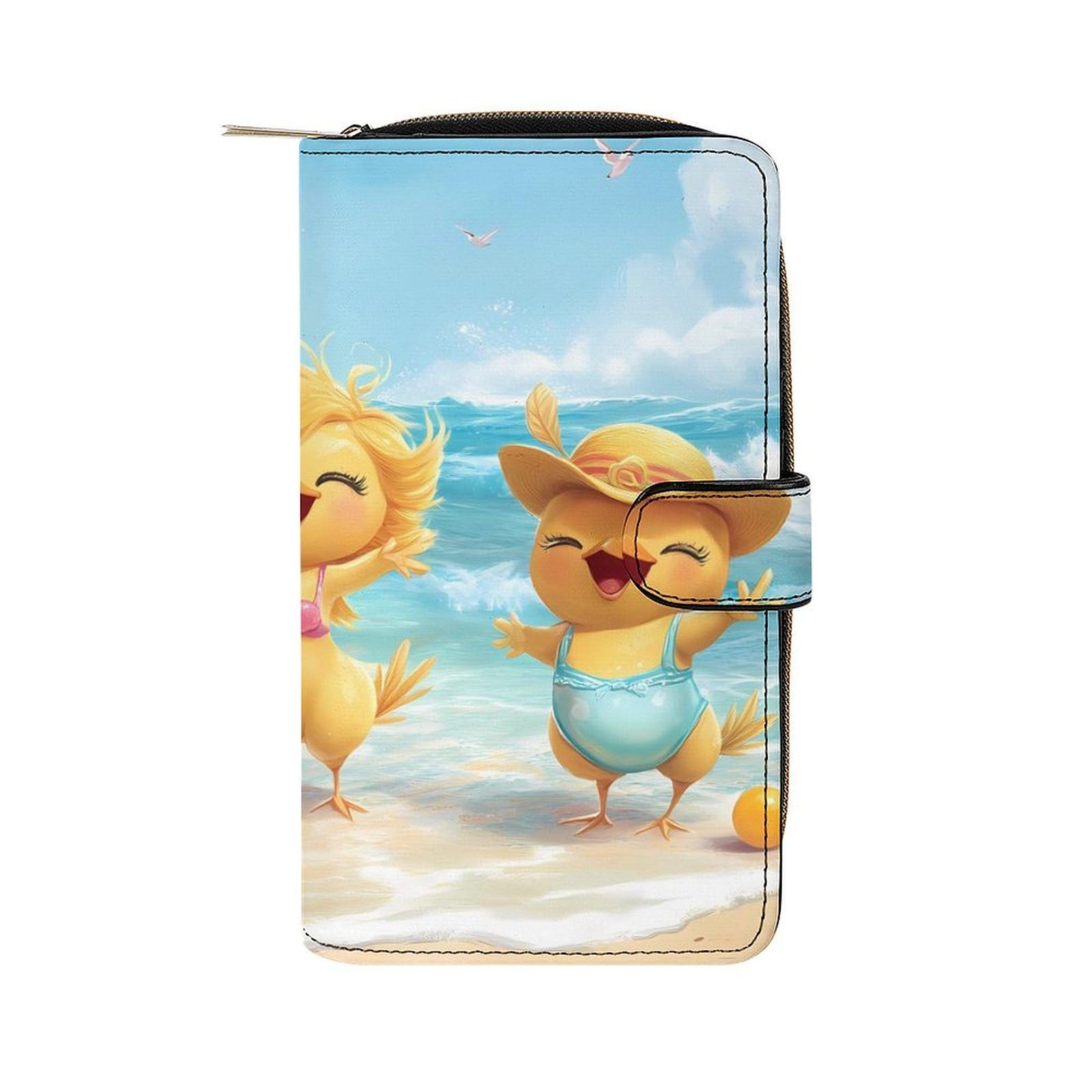Chicken Beach Funny Animal Long Wallet PU Leather Credit Card Holder Durable Zippered Purse Clutch Wallet