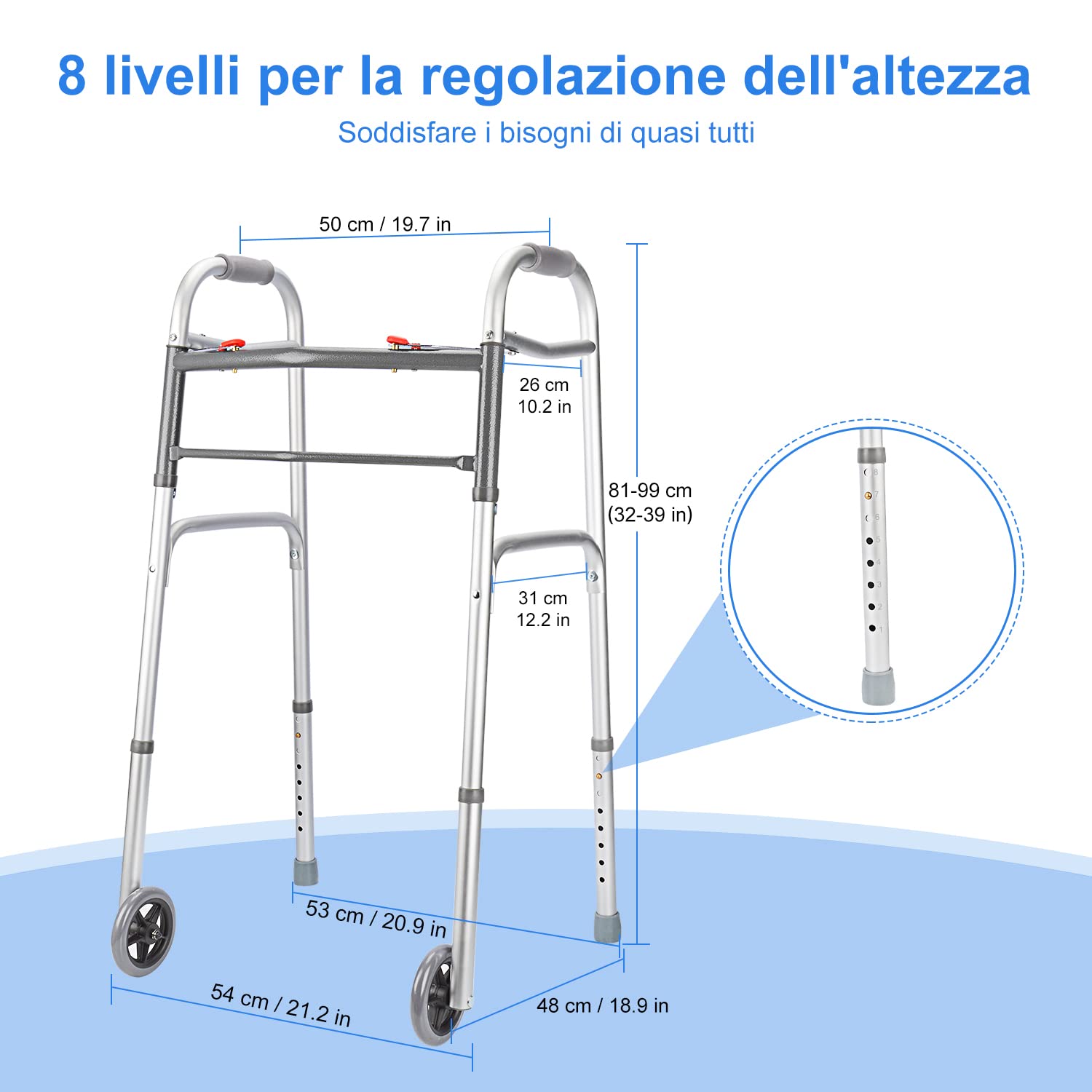 supregear Deambulatore Pieghevole Standard, Deambulatore Pieghevole Alluminio in Lega Regolabile a due Pulsanti con Ruote da 13 cm per Anziani Disabili Feriti, Supporto Fino a 226,8 kg, Argento