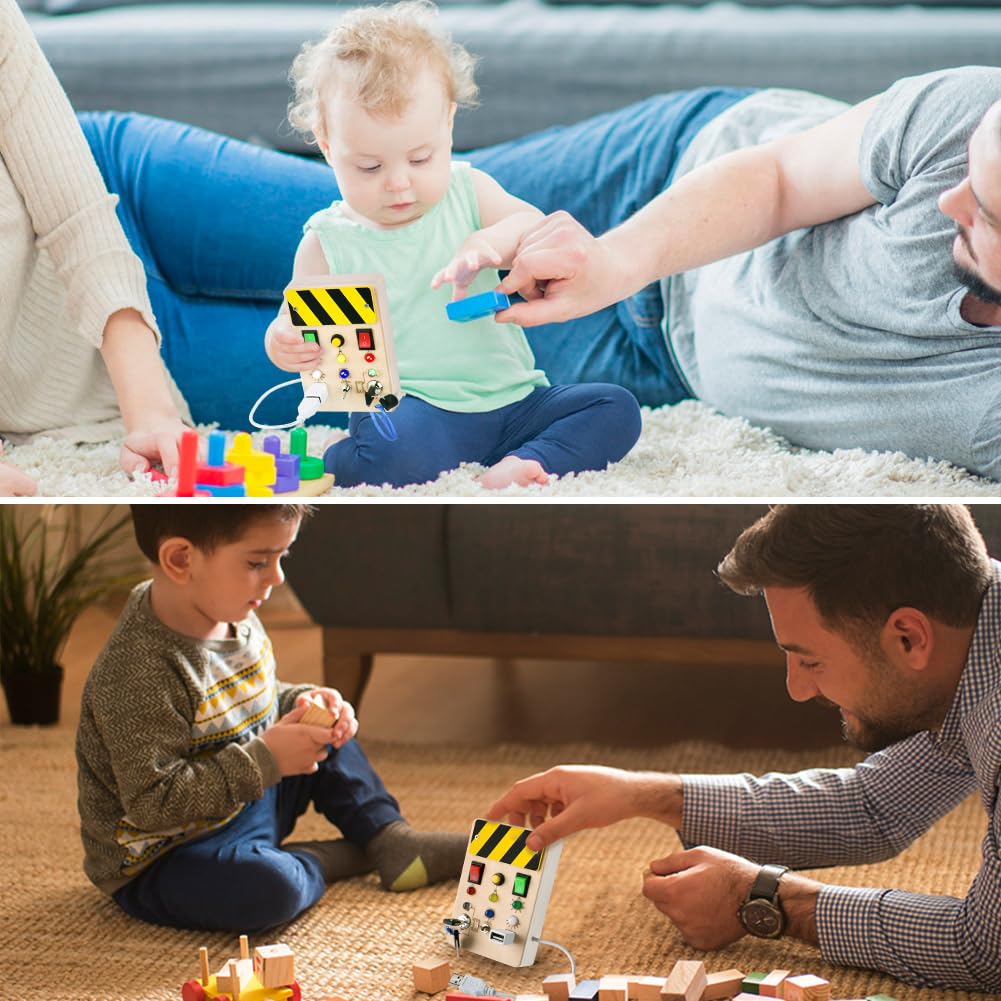 Aomig Montessori Busy Board z włącznikiem światła LED, drewniana tablica podróżna dla małych dzieci, zabawki sensoryczne do treningu, myślenia i zdolności poznawczych, zamek